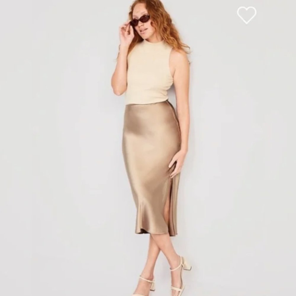 Old Navy Gold Side Slit Elastic Waist Satin Midi Pencil Slip Skirt